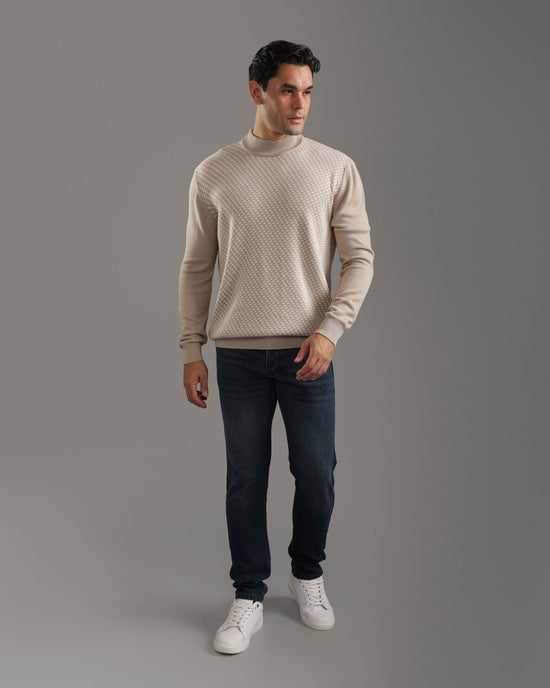 Beige Textured Mock Neck Sweater
