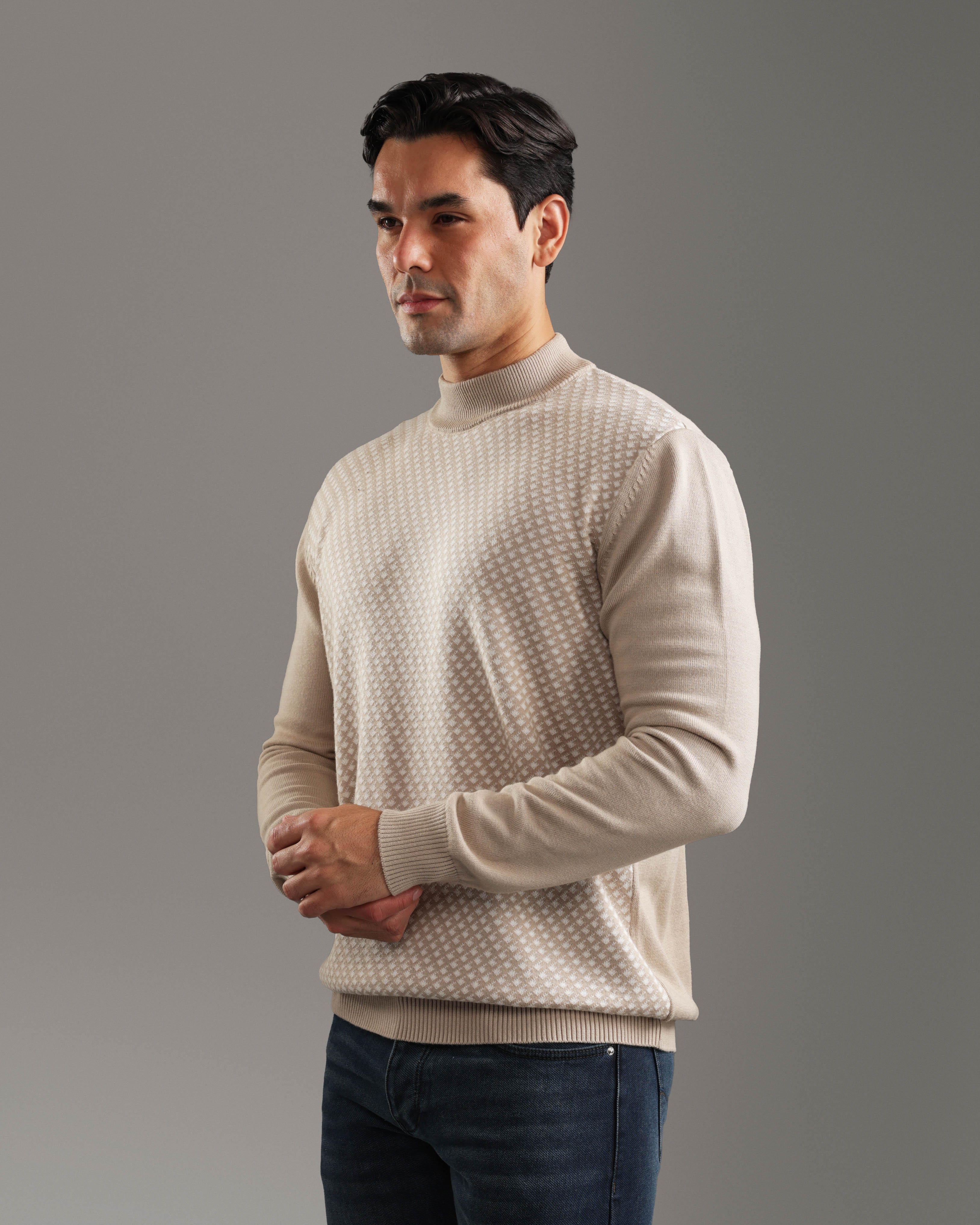 Beige Textured Mock Neck Sweater