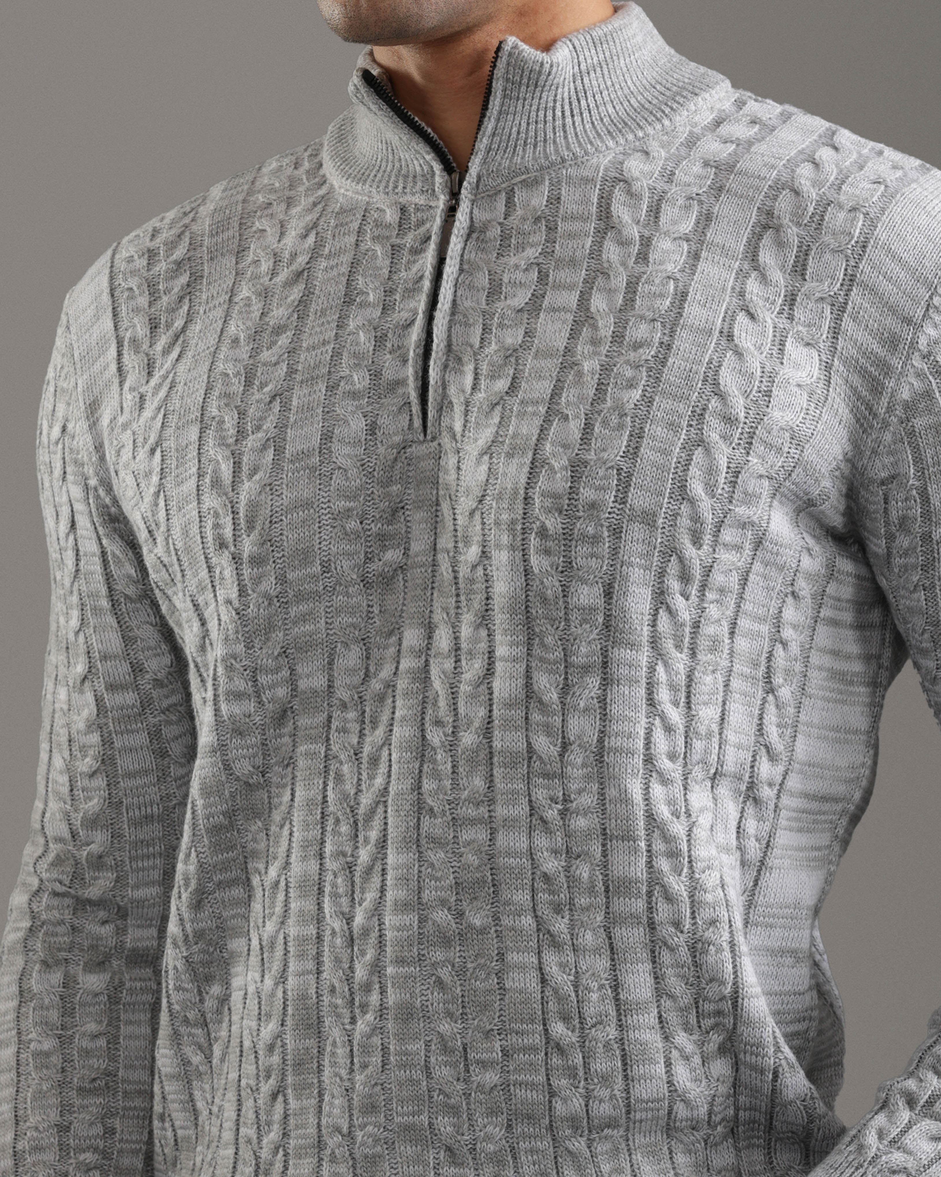 Grey Cable Knit Half-Zip Sweater