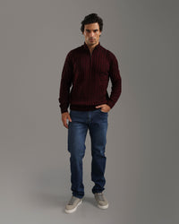 Burgundy Cable Knit Half-Zip Sweater