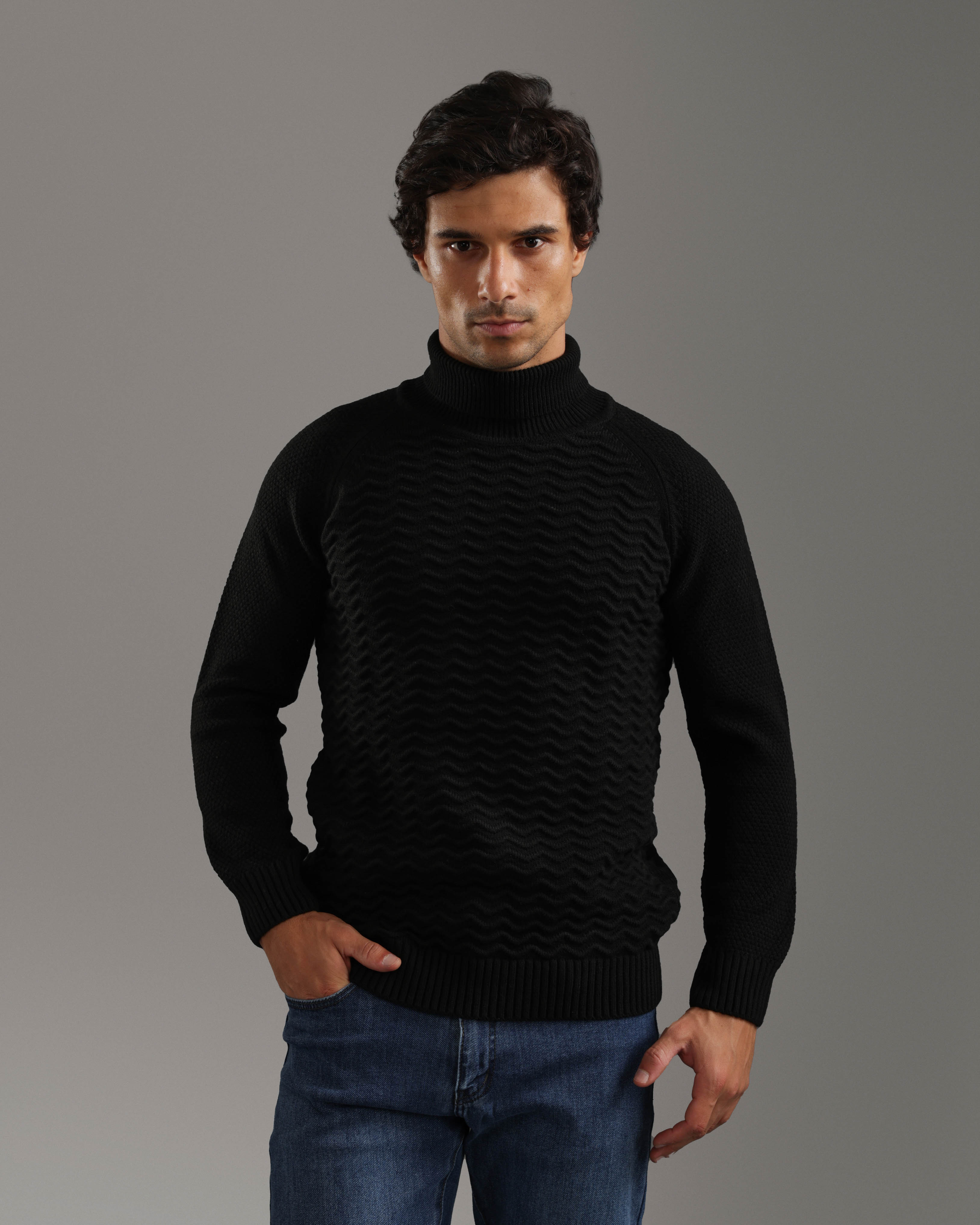 Black Textured Turtleneck Sweater