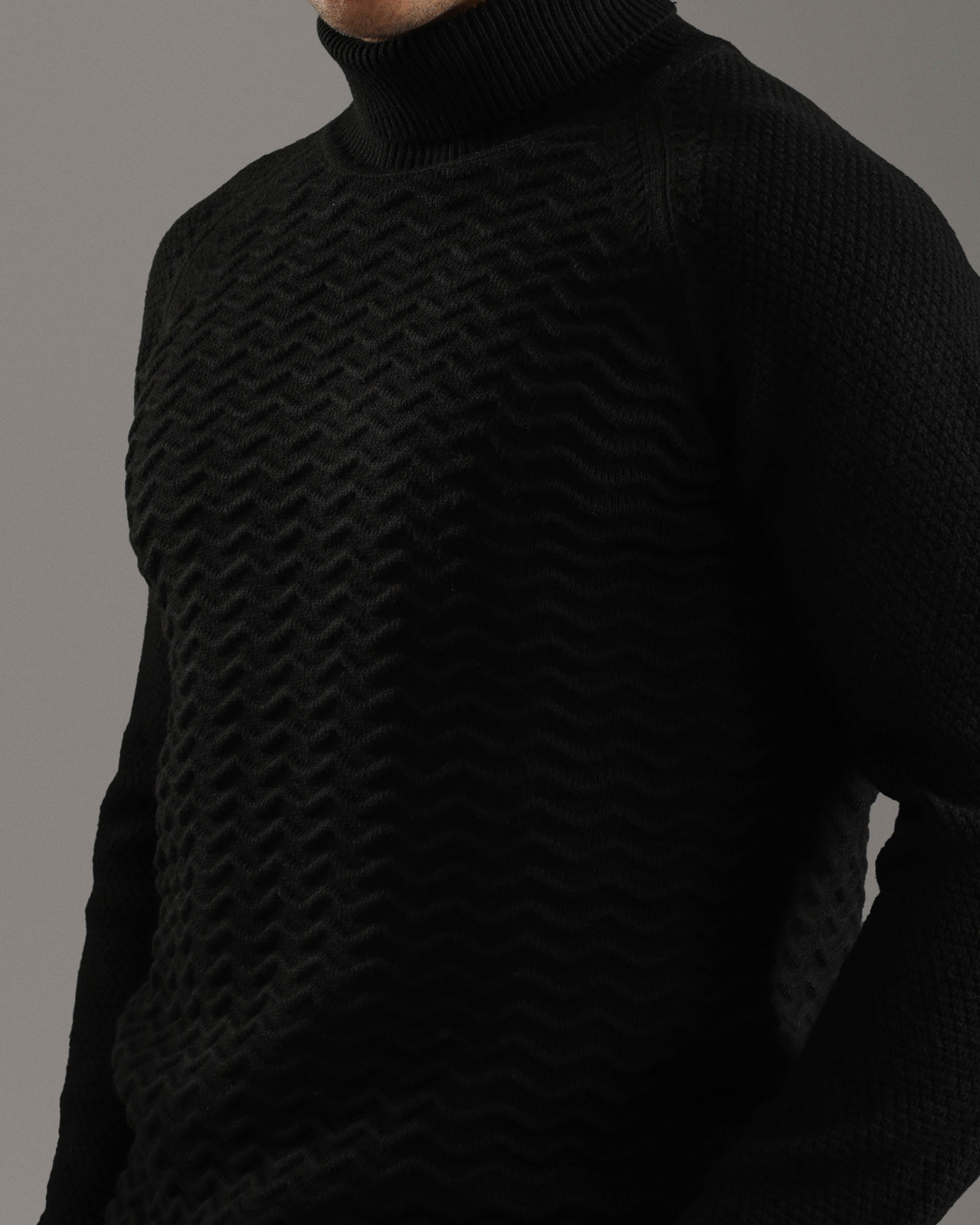 Black Textured Turtleneck Sweater