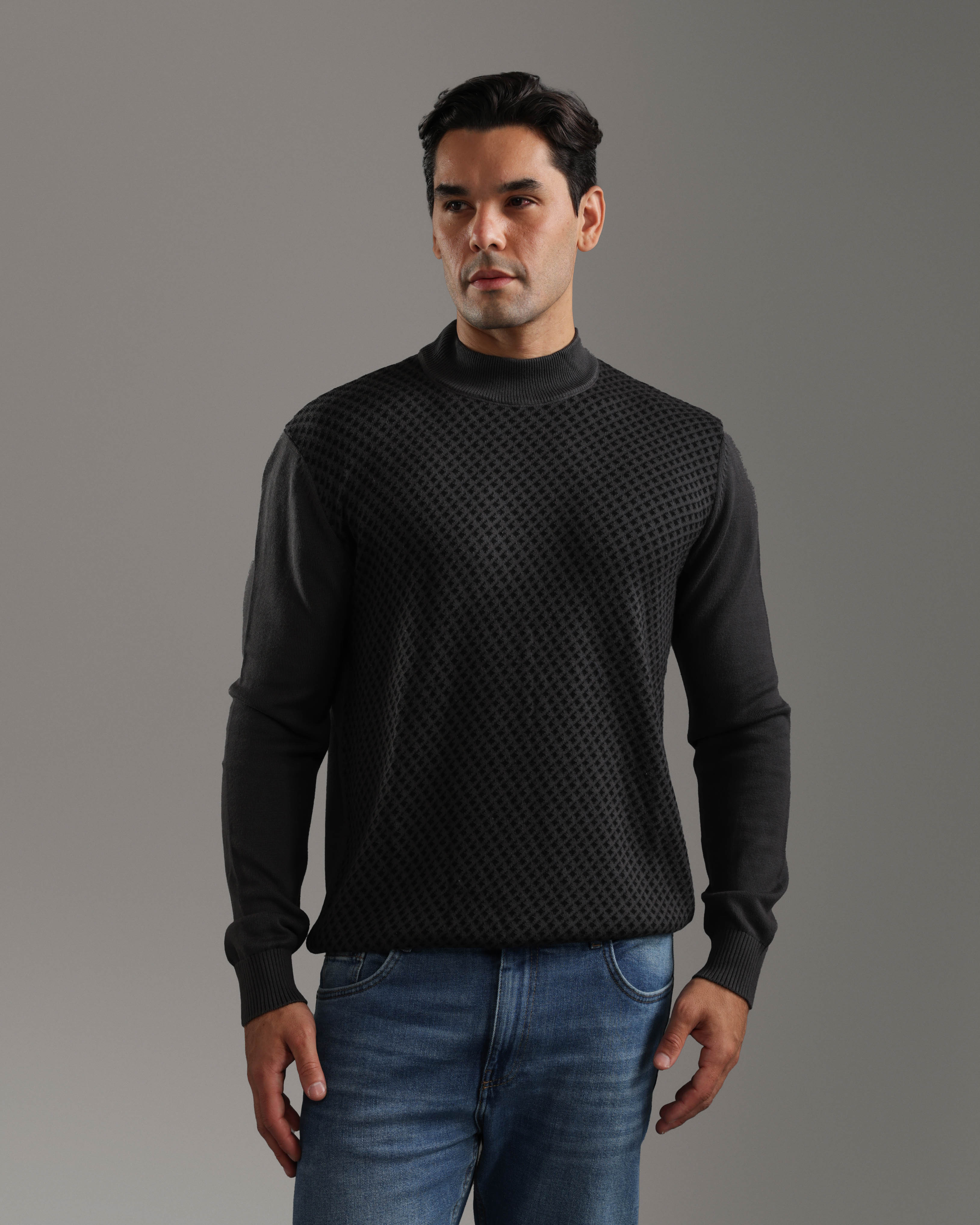 Charcoal Textured High-Neck Sweater