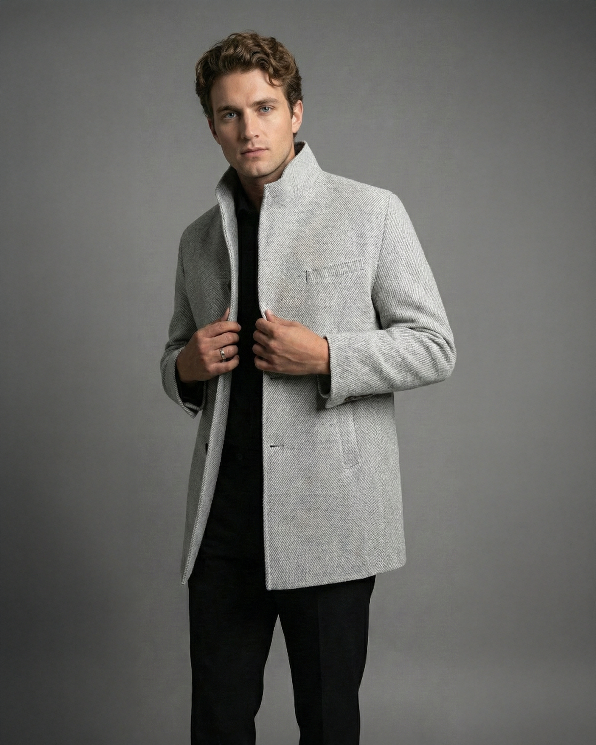 Light Grey Stand-Collar Overcoat