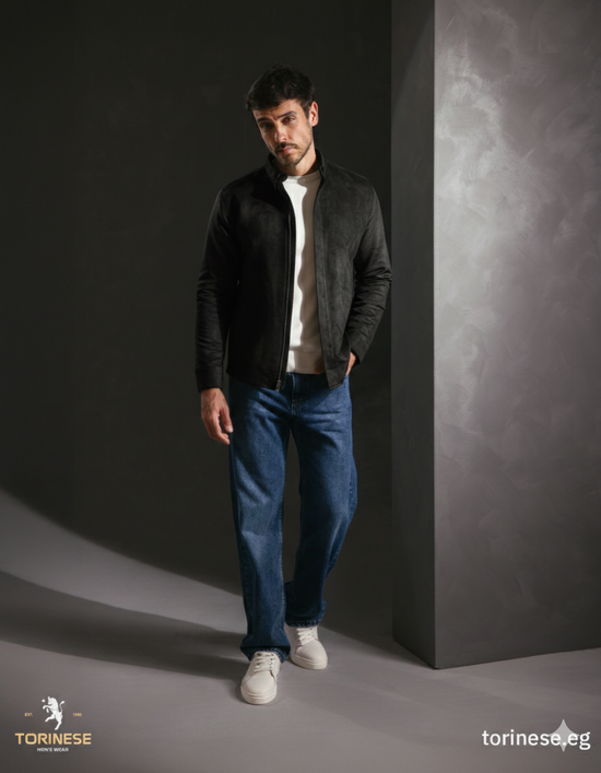 Black Suede-Finish Zip-Up Jacket