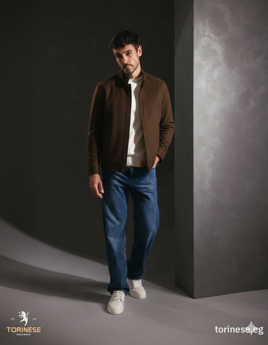 Brown Suede-Finish Zip-Up Jacket