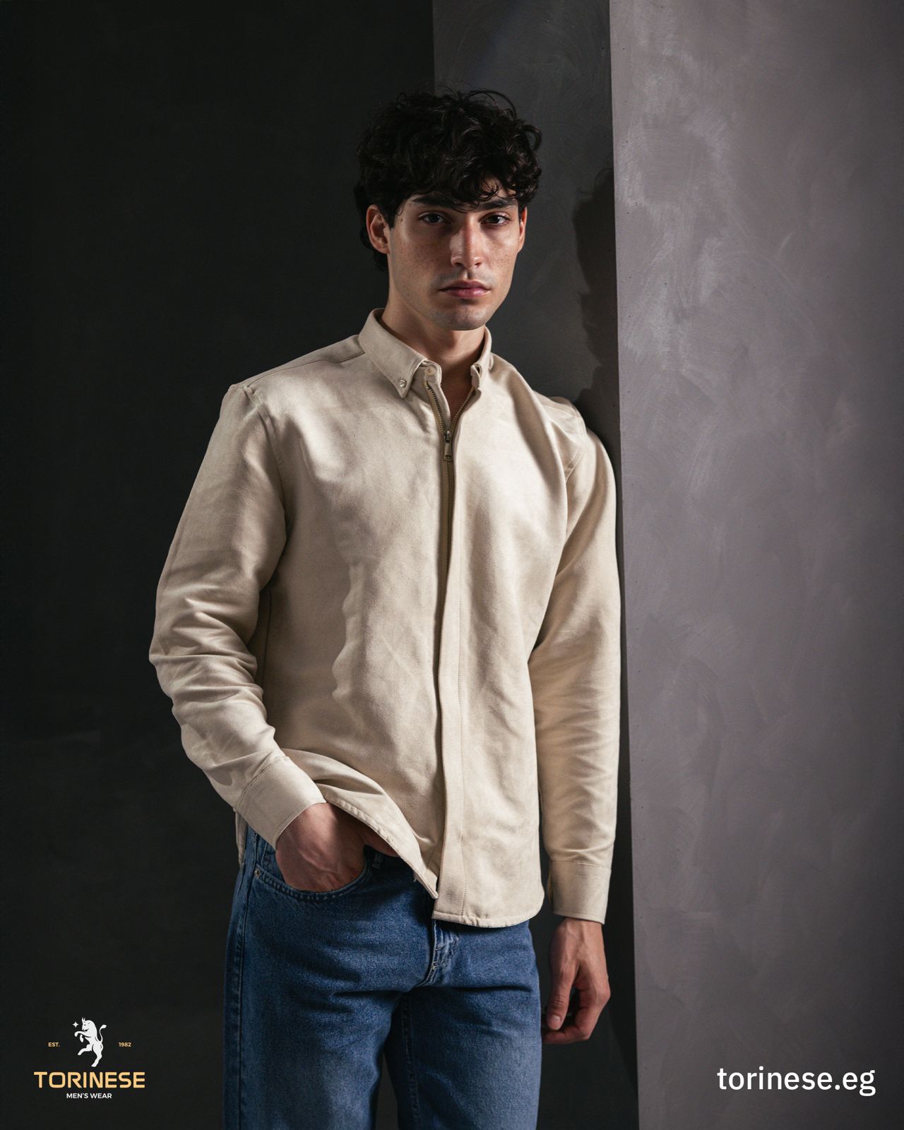 Beige Suede-Finish Zip-Up Jacket