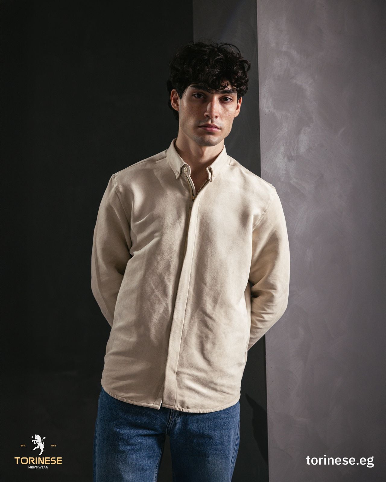 Beige Suede-Finish Zip-Up Jacket