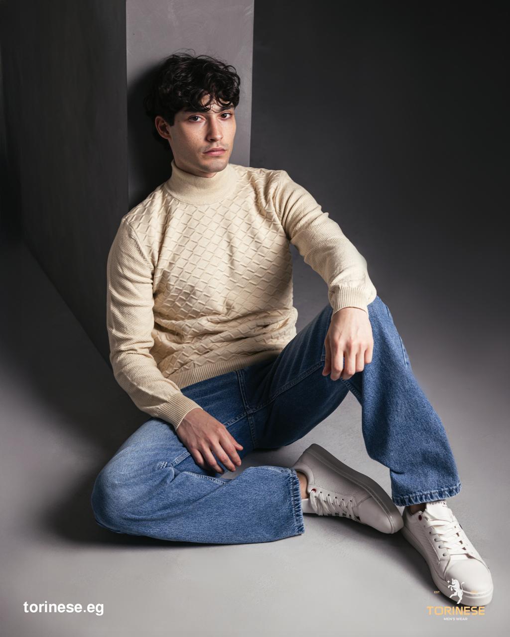 Beige Textured Turtleneck