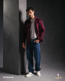 Burgundy Suede-Finish Zip-Up Jacket