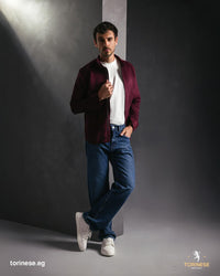 Burgundy Suede-Finish Zip-Up Jacket